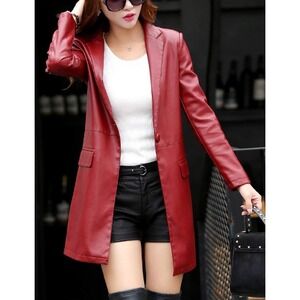Tanming‎ Womens Burgundy Faux Vegan Leather Trench Single Button Coat L